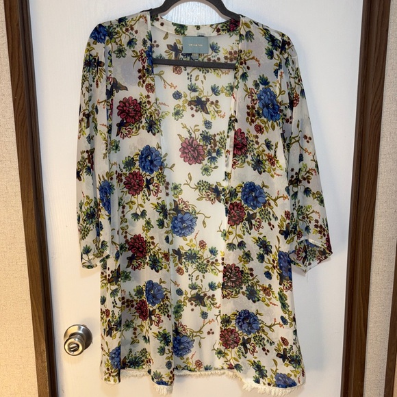 Skies Are Blue Other - Skies Are Blue Floral Kimono Cardigan Medium Boho Sheer Fringe Hem Festival